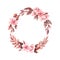Spring watercolor illustration. Sakura bloom. Cherry. Botanical wreath with pink flowers and leaves. Floral blossom elements.