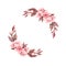 Spring watercolor illustration. Sakura bloom. Cherry. Botanical wreath with pink flowers and leaves. Floral blossom elements.