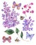 Spring watercolor set of blooming lilacs flowers, bees and butterfly