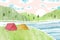 Spring watercolor vector landscape with tents, river, sunrise and mountains. Romantic hand drawn nature vector illustration.