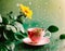 Spring weather and colorful flowers inside a glass tea cup, rain drops and leaves around, tea, AI Generated