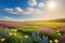 Spring wildflower field in beautiful sunlight. flowers and grass in a countryside at sunset time