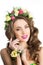 Spring woman. Young Girl with flowers. Beautiful model, wreath