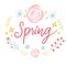 Spring word in floral wreath. Pink lettering and flowers.