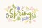 Spring word handwritten with elegant cursive calligraphic font and surrounded by beautiful blooming flowers and leaves