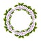 Spring wreath cherry blossom circle frame, border decoration with flowers and leaves in cartoon style isolated on white