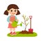 Spring in your step. Girl with watering can vector. Spring gardening.