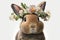 Springtime adorable baby bunny wearing a flower crown. Cute children\\\'s illustration of cuddly rabbit in spring. Easter