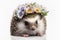 Springtime adorable baby hedgehog wearing a flower crown. Cute children\\\'s illustration of cuddly animal in spring. Easter