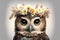 Springtime adorable baby owl wearing a flower crown. Cute children\\\'s illustration of cuddly bird in spring. Easter drawing.