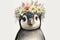 Springtime adorable baby penguin wearing a flower crown. Cute children\\\'s illustration of cuddly animal in spring. Easter