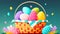 Springtime Basket of Joy: A vibrant Easter basket filled with colorful eggs, sweet treats, and flowers - ai generated.