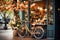 Springtime in the city, a vintage bicycle with a flower basket parked by a cozy modern cafe during a gentle rain