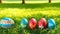 On a springtime day with a grassy meadow, beautiful sunlight, and joyful Easter eggs.