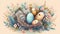 Springtime Easter Art with Floral Quail & Colorful Eggs on Pastel Background