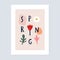 Springtime, Easter artistic greeting card, invitation. Spring text with tulip, daisy, crocus flower, leaf and abstract