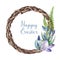 Springtime Easter floral wreath. Watercolor hand drawn illustration. Vine twisted wreath with spring flowers, green