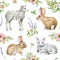 Springtime Easter seamless pattern with bunny, lamb and flowers. Watercolor illustration. Hand drawn cute little rabbit