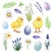 Springtime elements hand drawn watercolor set. Easter traditional element collection. Small cute yellow chicks, spring