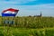 Springtime in fruit region Betuwe in Netherlands, Dutch flag, church and blossoming orchard with apple, pear, cherry and pear