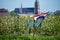 Springtime in fruit region Betuwe in Netherlands, Dutch flag, church and blossoming orchard with apple, pear, cherry and pear