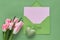 Springtime green background with pink tulips, hyacinth, wrapped gift boxes and decorative stuffed heart with polka dots