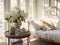 Springtime home decor in white color, spring interior decorations with early flowers, cozy sofa and big windows