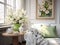 Springtime home decor in white color, spring interior decorations with early flowers, cozy sofa and big windows