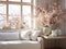 Springtime home decor in white color, spring interior decorations with early flowers, cozy sofa and big windows