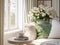 Springtime home decor in white color, spring interior decorations with early flowers, cozy sofa and big windows