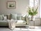 Springtime home decor in white color, spring interior decorations with early flowers, cozy sofa and big windows