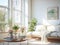 Springtime home decor in white color, spring interior decorations with early flowers, cozy sofa and big windows