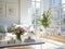 Springtime home decor in white color, spring interior decorations with early flowers, cozy sofa and big windows