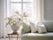 Springtime home decor in white color, spring interior decorations with early flowers, cozy sofa and big windows