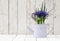 Springtime, iris potted flowers in watering can on wooden white