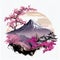 Springtime in Japan, cherry blossom illustration, majestic mountain peaks. Highlights natural beauty of snow-capped landscapes,