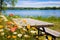 springtime picnic table surrounded by wildflowers at lakeside