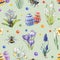 Springtime seamless pattern. Watercolor illustration. Hand drawn spring flowers, painted easter eggs and bees. Fresh