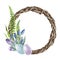 Springtime tender floral wreath. Watercolor hand drawn illustration. Vine twisted wreath with spring flowers, green