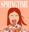 Springtime. Vector hand drawn illustration of screaming girl isolated.