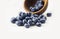 Sprinkled blueberries on white background. Ripe blueberries with copy space for text
