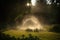 sprinkler creating circular mist in the warm summer evening