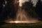 sprinkler creating circular mist in the warm summer evening