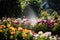 sprinkler head spraying water onto flowerbed, with blooming flowers in the background