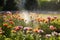 sprinkler head spraying water onto flowerbed, with blooming flowers in the background