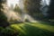 sprinkler system, providing misty coverage in serene backyard setting