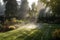 sprinkler system, providing misty coverage in serene backyard setting