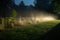 sprinkler system with a variety of spray patterns creates cool and misty effect