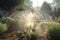 sprinkler system with a variety of spray patterns creates cool and misty effect