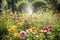 sprinkler system watering lush summer garden, with bees and butterflies among the blooms